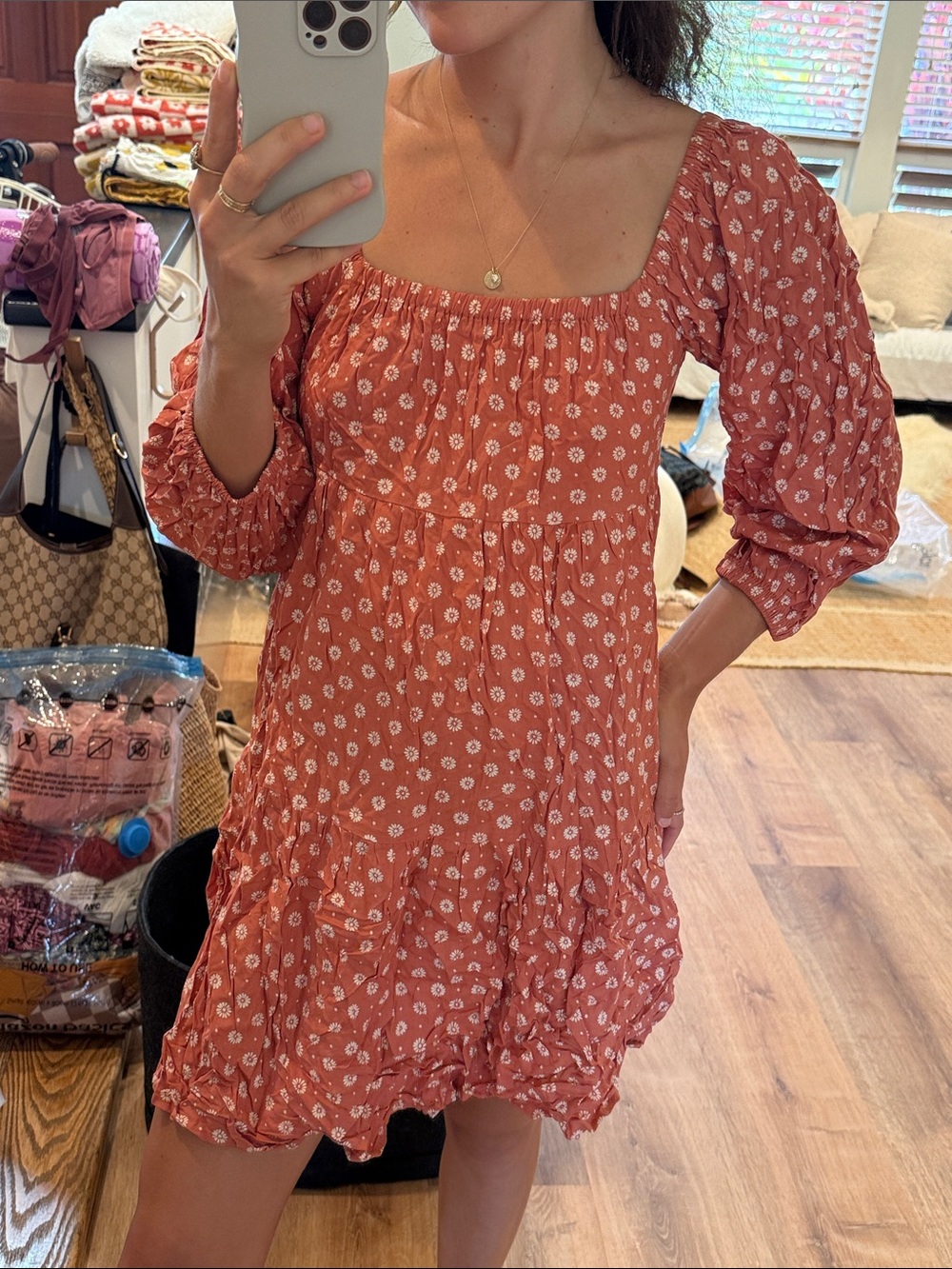 Billabong Rust Floral Puff-Sleeve Mini Dress